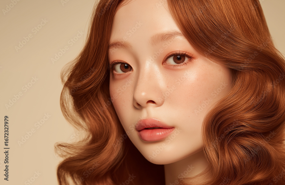 Fototapeta premium Close-up portrait of a young woman with natural makeup, smooth porcelain skin, soft red wavy hair and freckles, looking directly at the camera with a calm and elegant expression.
