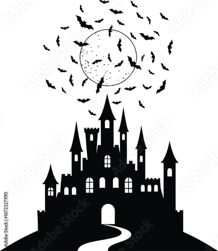 Halloween castle spooky bats moon night haunted gothic horror silhouette dark sky