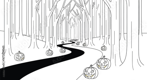 Halloween pumpkins forest spooky trees path black and white october autumn fall