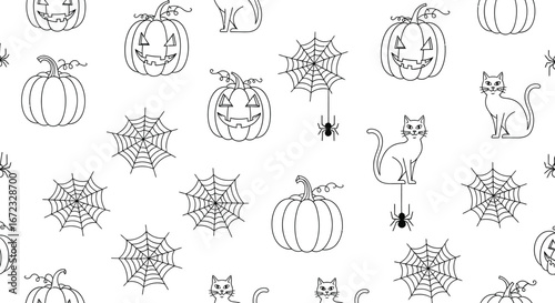 Halloween pattern pumpkins cats spiderwebs spiders spooky october holiday