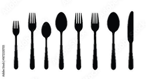 Set of Black Silhouette Cutlery, Forks, Spoons, and Knife