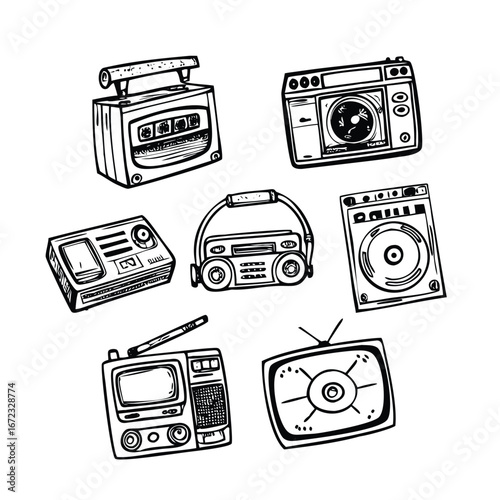 Retro Tech Doodle Icon Set. Hand-Drawn Vector Illustrations of Cassette, Vinyl, and Boombox