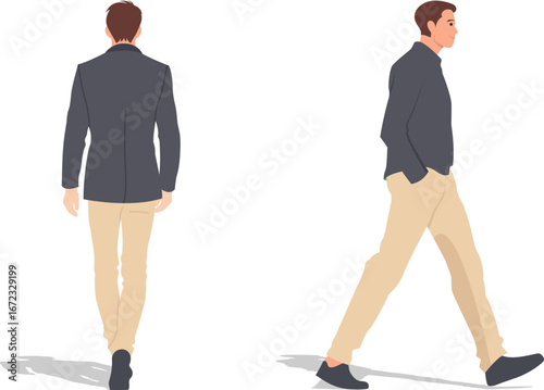 Man Walking in Two Views Back and Side Profile