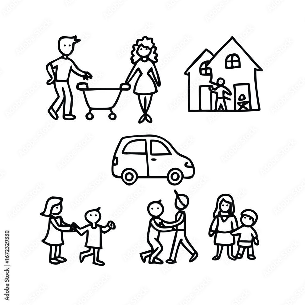 Naklejka premium Family Doodle Icon Set. Hand-Drawn Vector Illustrations for Parenting and Lifestyle