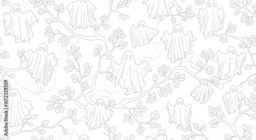 Halloween pattern ghosts spooky trees leaves autumn october holiday scary cute