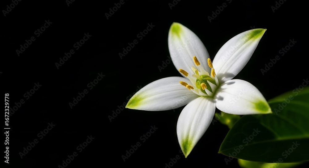 Fototapeta premium Delicate white starshaped flower with green tips on black
