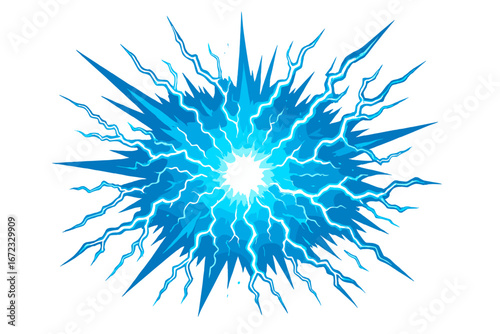 Bright blue explosion with electric energy radiating outward. Vector cartoon illustration of a powerful shockwave, lightning bolt flash, plasma burst, and dynamic blast effect.