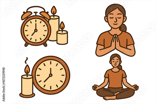 Mindfulness and meditation vector icon set. Woman in yoga lotus pose, clock, and candle for calm, focus, and mental wellness. Serene relaxation and spiritual practice concept.