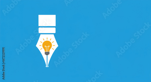 Bright Idea Lightbulb in Pen Nib Blue Background writing creativ