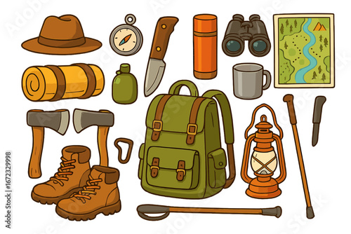 Camping and hiking gear collection. Outdoor adventure equipment set with backpack, map, compass, boots, and lantern. Vector cartoon illustration for tourism and travel.