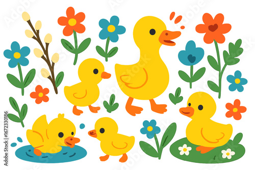 Cute duck family vector illustration set. Mother duck with baby ducklings, flowers, and pussy willow. Springtime, Easter cartoon characters for kids. Flat design graphic elements.