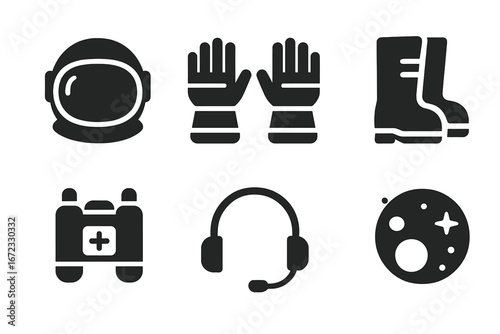 Astronaut gear solid icon set. Spaceman equipment glyphs. Vector space exploration elements like helmet, gloves, boots, oxygen pack, headset and planet for science design.