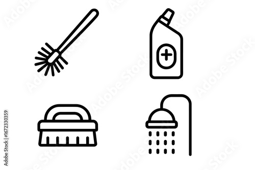Bathroom cleaning supplies outline icon set. Vector symbols of hygiene products. Toilet brush, toilet bowl cleaner, tile scrubber, and shower head. Housekeeping icons.