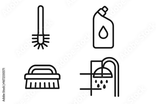 Bathroom cleaning icons set. Line pictograms of supplies like toilet brush, cleaner, scrub brush, and shower. Housekeeping, hygiene, and sanitary concepts vector illustration.