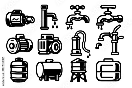 Water pump and faucet icon set. Plumbing equipment vector collection. Water supply system elements. Submersible pump, tap, and tank symbols. Black and white line art.