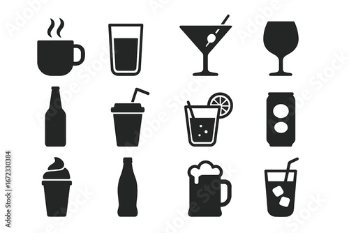 Drink icon silhouette set. Beverage glyphs collection. Symbols for coffee, tea, juice, soda, beer, wine, cocktail. Vector icons for bar, cafe menu, and restaurant design.