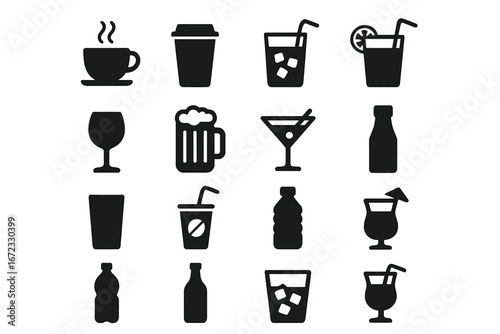 Drinks and beverages icon set. Bar menu symbols. Silhouette vector collection. Coffee, tea, soda, juice, wine, beer, cocktail, water. Glass, cup, bottle, mug glyphs.