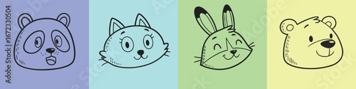 Colorful Animal Face Icons in Hand Drawn Cartoon Style – Panda, Cat, Rabbit, and Bear on Pastel Background – Cute Doodle Illustration for Kids, Nursery, and Children’s Design Projects