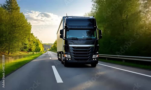Semi truck on a scenic highway with green trees