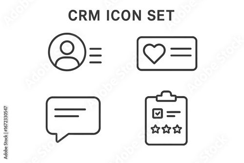 CRM outline icon set. Customer relationship management concept. Vector icons for business, app and website. Includes customer profile, loyalty card, chat bubble and feedback.