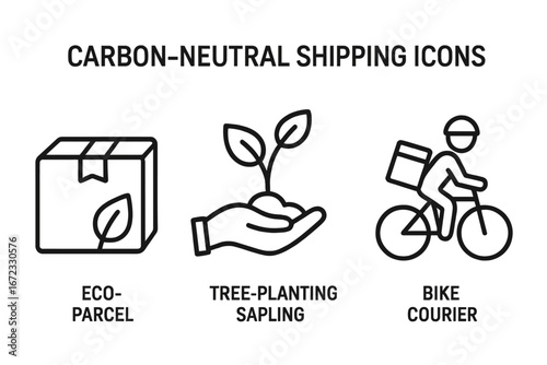Carbon neutral shipping vector icon set. Eco friendly delivery, sustainable logistics. Green parcel, tree planting for CO2 offset, bike courier for zero emission transport concept.