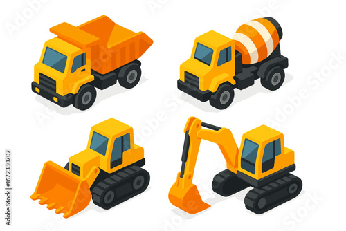 Construction vehicles isometric 3d icon set. Toy dump truck, cement mixer, bulldozer and excavator. Heavy machinery vector illustration for building industry or kids design.