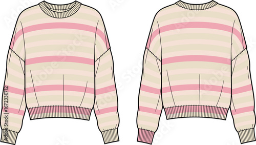 Striped pink and beige crew neck sweater flat sketch, front and back views, casual women’s knitwear fashion vector template