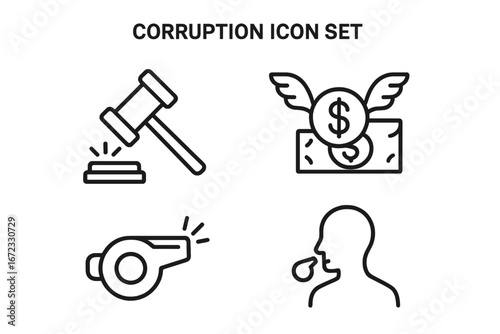 Corruption and bribery line icon set. Vector outline icons of political crime, money laundering, gavel, and whistleblower. Justice, law, and financial fraud concept symbols.