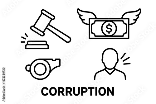 Corruption icon set. Political crime and bribery concept. Whistleblower, fraud, money laundering, justice, law, and scandal symbols. Gavel, dollar, and whistle icons.
