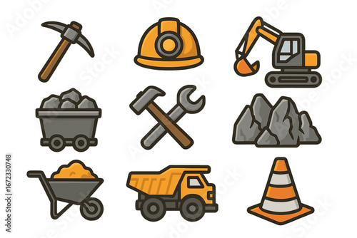Mining and construction icon set. Vector cartoon collection with excavator, dump truck, hard hat, pickaxe, and tools. Heavy industry and building equipment symbols isolated.