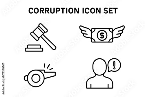 Political corruption outline icon set. Includes gavel for law and justice, flying money for bribery, whistleblower whistle, and informant silhouette. Metaphor for financial crime.