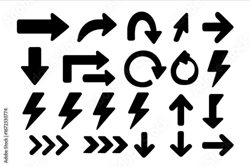 Arrow and lightning bolt symbols set. Minimalist vector icons for graphic design. Black silhouette pointers, cursors, and thunder bolts. Direction, navigation, and energy concept.
