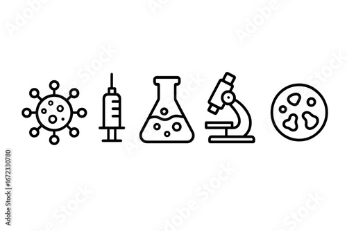 Disease surveillance outline icon set. Virus, syringe, lab flask, microscope, and petri dish icons for science and medical concepts. Vector for pandemic, research, and vaccine.