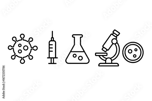 Disease surveillance icon set. Medical research, science, laboratory concepts. Virus, vaccine syringe, microscope, lab flask, petri dish. Pandemic, virology, microbiology outline.