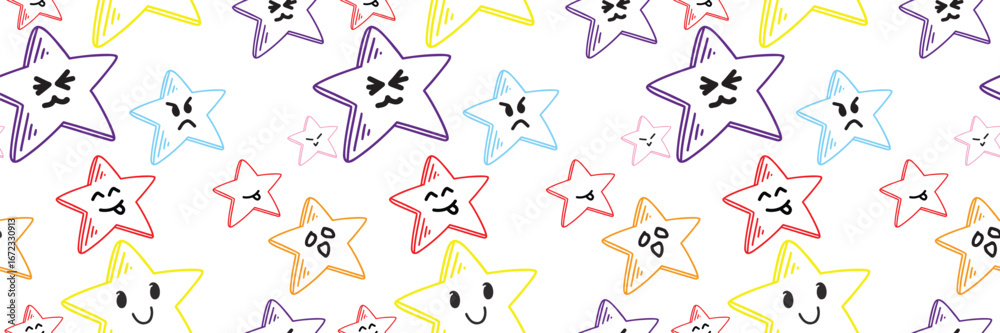 Fototapeta premium Cute colorful star pattern with doodle hand drawn faces in pastel style seamless background design for kids, cartoon decoration, fabric, wallpaper, wrapping and digital art.