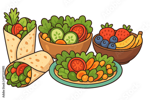 Healthy food set with wraps, salads, and fruit bowl. Vector cartoon illustration of a nutritious meal for a balanced diet. Fresh organic vegetarian and vegan lunch concept.