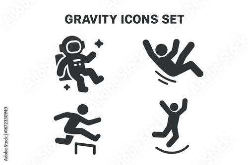Gravity and anti-gravity vector icon set. Physics concept of falling, floating, jumping. Solid glyph silhouette of astronaut in space, person falling, and athlete hurdling.