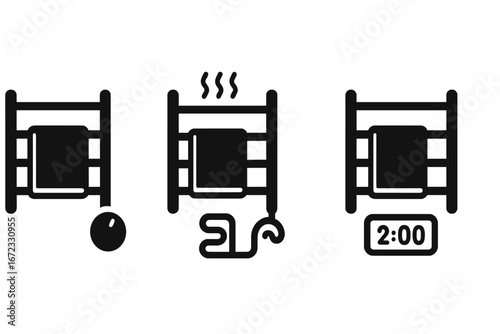 Heated towel rail icons set. Bathroom radiator glyph symbols. Towel warmer vector pictograms. Thermostat control, electric heating element, and digital timer function signs.