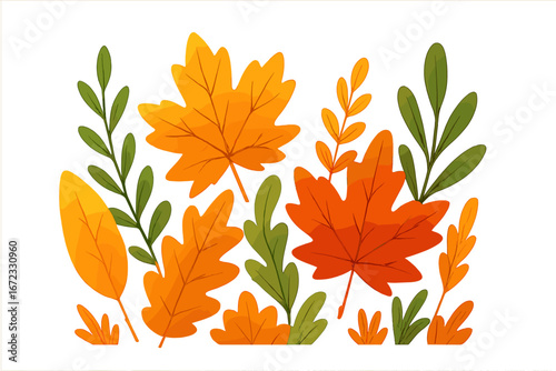Colorful autumn leaves vector illustration. Seasonal fall foliage set with maple and oak leaf. Natural botanical design elements. Cartoon plants in warm orange, yellow tones.