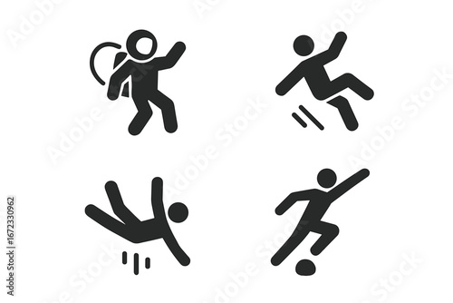 Gravity and motion vector icon set. Astronaut floating in zero-g, person falling, slipping accident, and athlete jumping. Physics and action concept pictogram symbols.