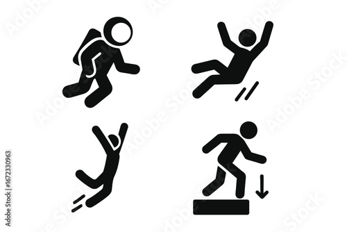 Gravity solid icons set. Vector glyphs of human interaction with physics forces. Astronaut floating in zero-g, person falling down, jumping man, and stepping down symbol.