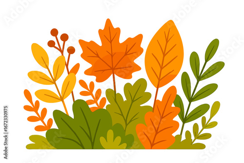 Autumn leaves vector illustration. Fall foliage background. Seasonal nature design element. Cartoon plants, berries, maple, and oak leaf composition in orange, yellow, green.