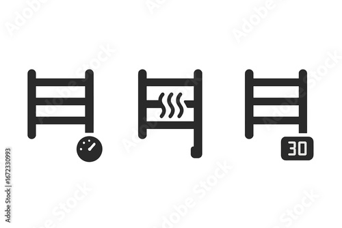 Heated towel bar vector icon set. Solid glyph icons of bathroom radiator features. Includes thermostat for temperature control, heating element, and digital timer display.
