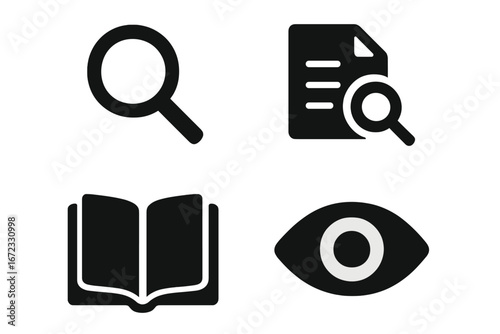 Transparency and trust solid icon set. Concepts of honesty, integrity, ethics, and openness. Vector icons for business principles, audit, review, inspection, and research.