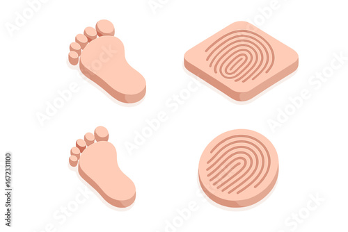 Isometric baby print icon set. Vector collection of newborn footprints and fingerprints. Biometric identity, security concept. Tiny foot print and thumbprint flat design element.