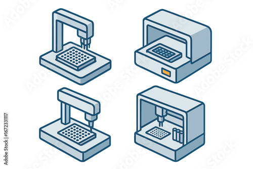 Science lab automation isometric icon set. Vector liquid handler, microplate reader, robotic arm. Concept for biotechnology research, medical diagnostic, sample analysis experiment.