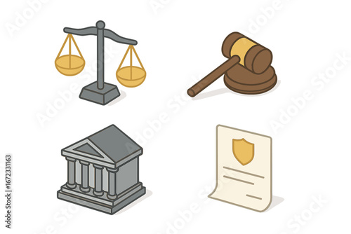Legal and justice isometric icons set. Scale, gavel, courthouse, document symbols for law. Vector illustration of court, judge, verdict, legislation, crime, finance, bank.
