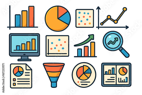 Data visualization icon set. Cartoon vector icons for business analytics, graphs, and financial reports. Infographic elements, charts, dashboard symbols and market analysis.