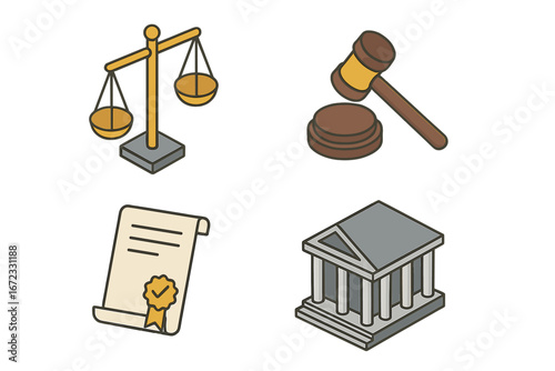 Legal and justice isometric icons set. Scale, gavel, courthouse, and document symbols for law. Vector illustration for court, auction, crime, and legal system concepts.