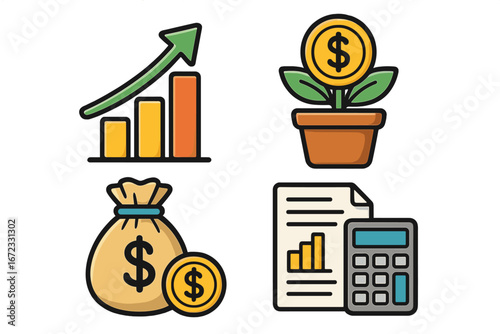 Finance icon set. Financial growth, investment, and accounting concepts. Money tree, profit chart, calculator, budget report, and money bag. Business success vector illustration.